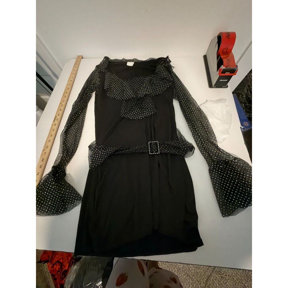 vtg black polka dot long bell sleeve witch dress with ruffled collar and belt